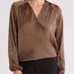 T Tahari Silky Striped Elastic Cuffs Faux Cross Front Snap Brown Black Blouse M